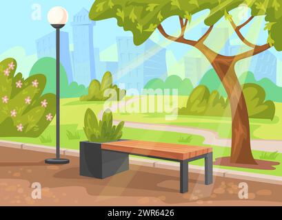 Parklandschaft mit Holzbank. Bänke Sitzplatz in der zentralen Park Stadt außerhalb Zeichentrickszene, Baum im Freien Natur und Fußweg Straße Weg Gasse städtischer Garten Vektor Illustration der Park Bank Landschaft Stock Vektor