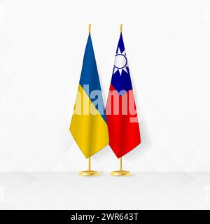 Ukrainische und taiwanesische Flaggen auf dem Flaggenstand, Illustration für Diplomatie und andere Treffen zwischen der Ukraine und Taiwan. Vektorabbildung. Stock Vektor