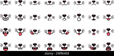 Katzen-Mundgefühle. Katze Glück Haustier Gesichter mit hängender Zunge Nase Schnurrbart, Tiere Kätzchen nette Mündung verschiedene Stimmung Ausdruck glücklich oder Wut Umriss Set Vektor Illustration von Katze Mund Tier Stock Vektor