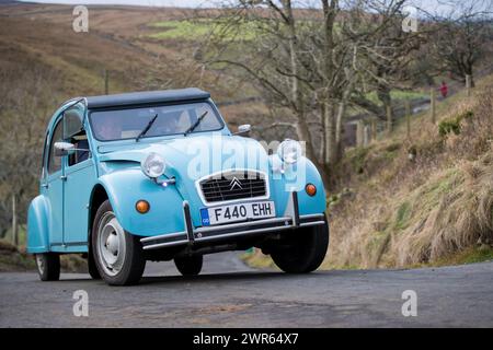 01/19 40 klassische Citroen 2CVs machen sich auf den Weg über die Yorkshire Moore, während sie an dem jährlichen „RAID Tan Hill“ teilnehmen, bei dem die winzigen 60 zu sehen sind Stockfoto