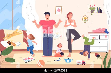 Meditierende Eltern. Gestresster Elternteil mit Sprung hyperaktive Baby-Wohnung, müde Mama ruhig Vater entspannen Yoga in Familie Chaos schelmische Kinder, Gelassenheit Vektor Illustration der Meditation Eltern Stock Vektor