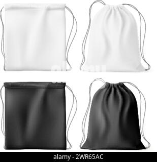 Taschen mit Kordelzug. Realistischer Sportsack mit Seil oder Nylonschnur, Segeltuch Rucksack Modell für Gym Stoff Rucksack Vorlage Mode Textil Rucksack, Tasche Vektor Illustration des Rucksacks, Kordelzug Pack Stock Vektor
