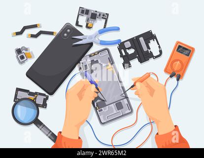 Hände reparieren Telefon. Smartphone-Wartung mobiles Zentrum, Handys reparieren Laboringenieur reparieren defektes Handy auf dem Schreibtisch elektronisches Gerät Service, Vektor-Illustration des Reparatur-Smartphones Stock Vektor