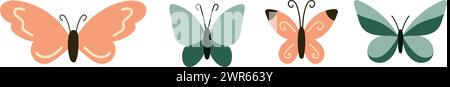 Set von handgezeichneten niedlichen Schmetterlingen. Zeichentrickfigur für Kinderkarten, Babydusche, Einladung, Poster. Abbildung des Vektormaterials Stock Vektor