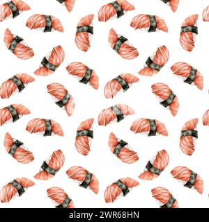 Nahtloses Muster mit Meeresfrüchten in Aquarellfarben, handgezeichneter Hintergrund mit japanischem Sashimi mit frischem Lachs auf der Oberseite für Menü, Restaurant, Café, Verpackungsdesign. Stockfoto