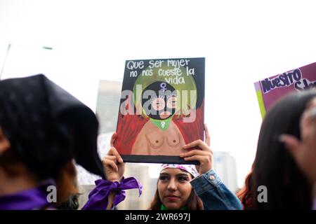 Die Demonstranten starten am 8. März 2024 in Bogota, Kolumbien, während der internationalen Demonstrationen zum Frauentag. Stockfoto