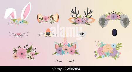 Tier Gesicht Elemente Set Cartoon flache Design Ohren Vektor Illustration isoliert. Kaninchen, Fuchs, Koala, Einhornhirsch Maske Filter mit Blumenkrone. Stock Vektor