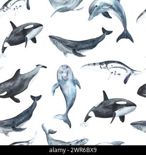 Nahtloses Muster der Wale. Die sich wiederholende Textur bei Meeressäugern. Aquarellabbildung. Delfin, Killerwal, Buckelwal. Hand gezeichnet isoliert am Stockfoto