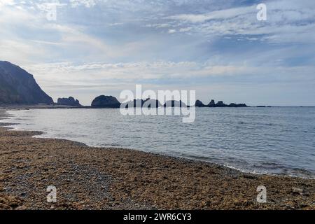 Ruhiger Strand mit felsigen Formationen, ruhigem Wasser und bewölktem Himmel, der eine friedliche Atmosphäre schafft Stockfoto