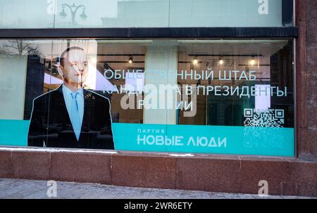 9. Februar 2024, Moskau, Russland. Wahlkampf des Kandidaten für den Präsidenten der Russischen Föderation Wjatscheslaw Davankow auf Twerskaja Stree Stockfoto