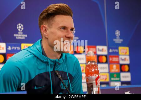 Marc-André ter Stegen während einer Pressekonferenz am Vorabend des Achtelfinale der UEFA Champions League gegen den SSC Napoli am 11. März 2023 auf dem Joan Gamper Trainingsplatz in Sant Joan Despi bei Barcelona Stockfoto