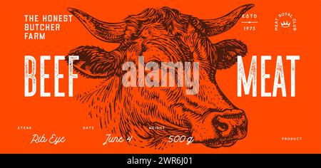Kuh, Stier, Rinderkopf, Fleisch-Etikett. Vorlage Für Etikett Mit Fleischkennzeichnung. Vintage-Druck, Tag, Etikett Pig Sketch Tinte Bleistiftzeichnung. Fleischkühe, Bullen, Rindfleischgeschäft, Text, Typografie. Vektorabbildung Stock Vektor