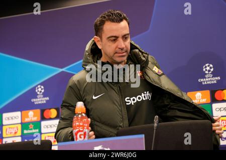 Xavi Hernandez während einer Pressekonferenz am Vorabend des Achtelfinale der UEFA Champions League gegen den SSC Napoli am 11. März 2023 auf dem Joan Gamper Trainingsplatz in Sant Joan Despi, nahe Barcelona Stockfoto