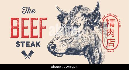 Kuh, Stier, Rinderkopf, Fleisch-Etikett. Vorlage Für Etikett Mit Fleischkennzeichnung. Vintage-Druck, Tag, Etikett Pig Sketch Tinte Bleistiftzeichnung. Fleischkühe, Bullen, Rindfleischgeschäft, Text, Typografie. Vektorabbildung Stock Vektor
