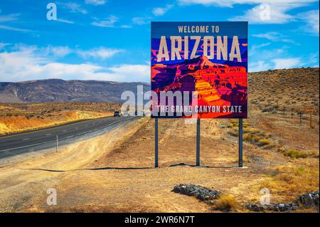 Willkommen im Arizona State Sign an der I-15 an der Grenze zu Utah Stockfoto