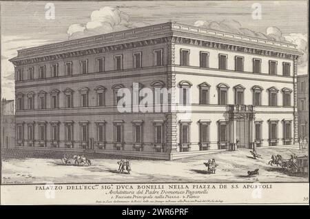 Palazzo Valentini in Rom, Palazzo dell' ecc.Mo sig.r duca Bonelli nella Piazza de S.S. Apostol (...) (Titel über Objekt), moderne Gebäude in Rom (Titel der Serie), Il quarti libro del nuovo teatro delli palazzi in prospettiva di Roma moderna Daton in luce sotto il felice pontificato de nostro Signore Papa Innocenzo XI (... .) (libro quarto) (Titel der Serie), Il nuovo teatro di Roma moderna (Titel der Serie), Titel und eine erläuternde Zahlenliste am unteren Rand. Print ist Teil eines Albums., Printmacher: Alessandro Specchi, nach Zeichnung von Alessandro Specchi Stockfoto