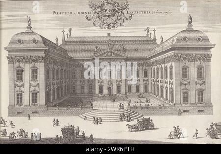 Riddarhuset auf der Stadtseite, Palatium Ordinis Equestris urbem versus (Titel auf Objekt), Suecia Antiqua et Hodierna (Titel der Serie), das Riddarhuset (Ritterhaus), der ständige Treffpunkt des schwedischen Adels in Stockholm. Verschiedene Wagen im Vordergrund. Der Druck ist Teil eines Albums., Druckerei: Jean Lepautre, Erik Jönssen Dahlberg, 1670, Papier, Ätzen, Höhe 273 mm x Breite 384 mm, bedruckt Stockfoto