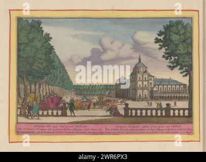 Königspalast von Aranjuez, Aranguez, Koninkyk Lusthof, 11 Meilen von Madrid (Titel auf Objekt), Theatrum Hispaniae (...) (Titel der Serie), der Königspalast von Aranjuez. Wagen im Vordergrund. Unterhalb der Vorstellung ein Titel in lateinischer, spanischer, niederländischer und französischer Sprache. Print ist Teil eines Albums., Druckerei: Pieter van den Berge, Verlag: Pieter van den Berge, Staten van Holland en West-Friesland, Druckerei: Amsterdam, Verlag: Amsterdam, den Haag, 1694 - 1737, Papier, Ätzen, Höhe 172 mm x Breite 257 mm, Druck Stockfoto