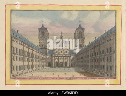 Blick auf den Innenhof und den Eingang zur Kirche San Lorenzo im Escorial, den ersten und wichtigsten Innenhof des Escorial (Titel auf Objekt), Theatrum Hispaniae (...) (Serientitel), Blick auf den Innenhof und Eingang zur Kirche San Lorenzo im Escorial. Unterhalb der Vorstellung ein Titel in lateinischer, spanischer, niederländischer und französischer Sprache. Print ist Teil eines Albums., Druckerei: Pieter van den Berge, Verlag: Pieter van den Berge, Staten van Holland en West-Friesland, Druckerei: Amsterdam, Verlag: Amsterdam, den Haag, 1694 - 1737, Papier, Ätzen, Höhe 165 mm x Breite 253 mm Stockfoto