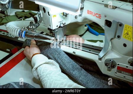 Die Hände der Näherin nähen an einer elektrischen Profi-Nähmaschine. Teile der Nähmaschine Nadelstange, Druckfuß, Nadelplatte, Futterhund, Nadel mit einem Threa Stockfoto