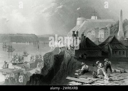 Die Zitadelle von Quebec in Kanada Mitte der 1800er Jahre mit Blick auf den St Lawrence River. Randloser Schnitt eines antiken Stiches, der 1842 veröffentlicht wurde. Stockfoto