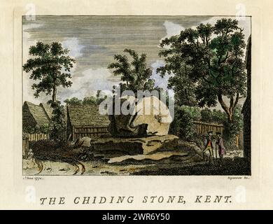 Der Chiding Stone im Dorf Chiddingstone, Kent, England. Kupferstich vom 2. Juni 1772 von Samuel Sparrow nach einer Zeichnung von Francis Grose. Der Stich wurde zuerst in „The Antiquities of England and Wales“ (1772–1787) veröffentlicht und später von Hand gefärbt. Stockfoto