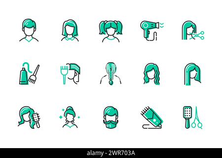 Frisuren und Frisuren – Set mit Symbolen im Liniendesign Stock Vektor