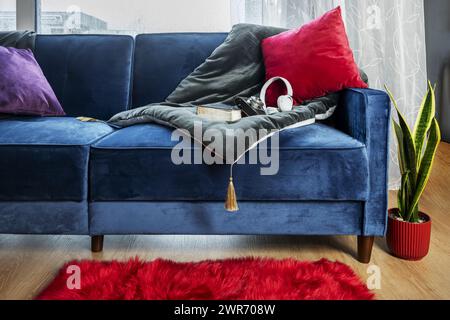 Ein blaues Samtsofa mit bunten Kissen, eine Pflanze, weiße Vorhänge in einem Zimmer mit Holzfußboden und rotem zotteligen Teppich Stockfoto