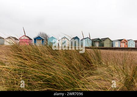 Strandhütten, Strand, Hütten, Chalets, Strandhütten, Hütte, Chapel St Leonards, Lincolnshire, Großbritannien, England, Küste, Strand, Strand Chalets, Stockfoto