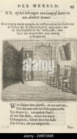 Frau mit Kerze in einem dunklen Raum, XX. Bei Introducing Lamp of Kaers in a Dark Room (Titel über Objekt) öffnet Eine Frau mit einer Kerze in der Hand eine Tür zu einem dunklen Raum. Bild aus einem Buch, das 36 Bilder mit Bildern enthält. Druck verwendet in: F. van Hoogstraten, the School of the World, 1682., Druckerei: Arnold Houbraken, Nord-Niederlande, 1682, Papier, Ätzen, Buchdruck, Höhe 72 mm x Breite 86 mm, Höhe 157 mm x Breite 94 mm, Druck Stockfoto