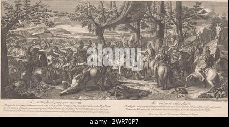 Besiegt König Porus vor Alexander dem Großen, Schlachten von Alexander dem Großen (Serientitel), Les Batailles d’Alexandre (Serientitel), wird der besiegte König Porus zu Alexander gebracht. Im Hintergrund sehen Sie die besiegte Armee mit Elefanten., Druckerei: A. Bormans, nach Malerei von: Charles Le Brun, Verlag: Gérard Sélis, Paris, 1746 - 1753, Papier, Gravur, Höhe 209 mm x Breite 420 mm, bedruckt Stockfoto