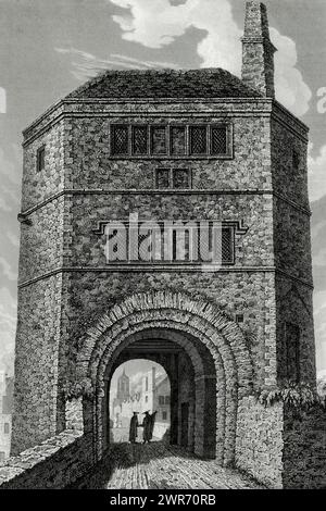 Südfront von Friar Bacons Studie an der Folly Bridge in Oxford, England, ein imposanter sechseckiger Verteidigungsturm, der in den 1200er Jahren erbaut wurde und entworfen wurde, um den Zugang zur Stadt von Süden zu versperren. Der „Tom Tower“ ist durch den Bogen sichtbar. Bruder Bacon (um 1220–um 1292) war Roger Bacon, ein mittelalterlicher Verfechter der experimentellen Wissenschaft, der Mathematik, Astronomie und Optik studierte; der Turm soll von ihm als astronomisches Observatorium genutzt worden sein. Borderless Cut des Kupferstichs von Joseph Skelton, der Anfang der 1800er Jahre veröffentlicht wurde und auf einer Zeichnung in der Bodleian Library basiert. Stockfoto