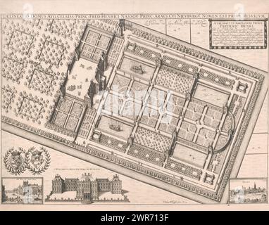 Haus ter Nieuburch mit Obstgarten und Garten, Delineatio Domus Aug: Celsiss: Prinz: Fred: Henrici Nassou Prinz: Araus; Cui Nieuburgu, Nomen EST prope Rysvicum (Titel über Objekt), das Haus in Nieuburch in Rijswijk in Vogelperspektive. Der Obstgarten links und der Garten rechts. Unten die Wappen von Frederik Hendrik und Amalia van Solms, ein Blick auf den Hof in den Haag, Huis Nieuburgh von vorne gesehen und ein Blick auf Delft., Druckerei: Julius Milheuser, 1644, Papier, Radierung, Höhe 472 mm x Breite 658 mm, Druck Stockfoto