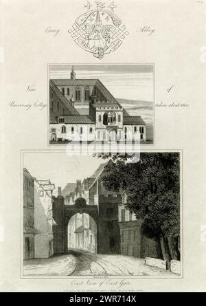 Drei Kupferstiche von Joseph Skelton (ca. 1783–1871) aus seiner „Oxonia Antiqua Restaurata“ über Gebäude in und um Oxford, England, die abgerissen oder erheblich verändert wurden: Das Wappen der Osney Abbey mit einem Ochsen (oben); das University College, wie es 1600 aussah; und das East Gate von Oxford, ein mittelalterliches befestigtes Tor, das von Schlachttürmen flankiert wird. Stockfoto