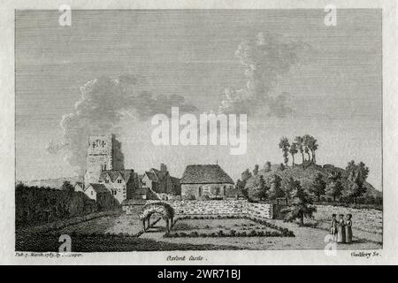 Oxford Castle, ein normannisches Motten- und Vorburg-Schloss in Oxford, England, Ende der 1700er Jahre Auf der linken Seite befindet sich der St. Georgs-Turm und auf der rechten Seite der Motte mit einem Zelt auf dem Gipfel. Im rechten Vordergrund steht ein Gentleman mit Tricorn-Hut, Gehrock und Kniebohse mit zwei Damen. Kupferstich von Richard Godfrey (1728–1795), nach einer Zeichnung von Francis Grose (1731–1791). Der Stich wurde 1785 in Groses „Antiquities of England and Wales“ veröffentlicht. Stockfoto