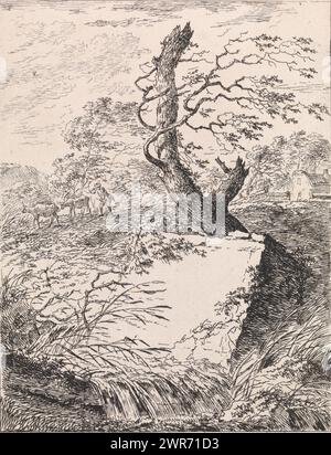 Stein in der Nähe eines Baumes, Landschaften (Serie A) (Serientitel), Ein quadratischer Stein liegt unter einem Baum. Im Hintergrund der Landschaft befindet sich ein Landwirt mit zwei Kühen. Auf der rechten Seite befindet sich ein Bauernhof., Druckerei: Gerard van Nijmegen, nach Entwurf: Gerard van Nijmegen, Rotterdam, 1790, Papier, Ätzen, Höhe 198 mm x Breite 150 mm, bedruckt Stockfoto