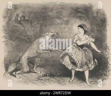 Szene aus dem Ballett Rotkäppchen und der Wolf, Ballettankündigungen und Theaterstücke in der Amsterdamer Stadsschouwburg (Titel der Serie), stürzt der Wolf auf Rotkäppchen im Wald. Im Hintergrund läuft ein Mann weg., Druckerei: Charles Rochussen, Drucker: Dieperink & Co., Druckerei: Niederlande, Drucker: Amsterdam, 1865 - 1868, Papier, Höhe 556 mm x Breite 718 mm, bedruckt Stockfoto