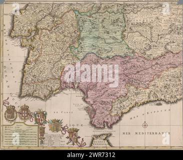 Karte des Südens von Spanien und Portugal, Karte mit einem Teil Portugals und der spanischen Südküste. Teil (Blatt unten links) einer großen Karte von Spanien und Portugal in vier Blättern, ca. 1703. Unten links die Legende und die Wappen Spaniens und Portugals, verbunden mit den Wappen der Algarve (unter denen die Stadtwappen von Toledo und Grenada hängen), Andalusien und Kastilien und León., Druckerei: Jan Luyken, Druckerei: Caspar Luyken, Verlag: Pieter Mortier (I), Amsterdam, 1704 - 1710, Papier, Ätzen, Gravur, Höhe 512 mm x Breite 605 mm Stockfoto