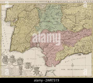 Karte des Südens von Spanien und Portugal, Karte mit einem Teil Portugals und der spanischen Südküste. Teil (Blatt unten links) einer großen Karte von Spanien und Portugal in vier Blättern, ca. 1703. Unten links die Legende und die Wappen Spaniens und Portugals, verbunden mit den Wappen der Algarve (unter denen die Stadtwappen von Toledo und Grenada hängen), Andalusien und Kastilien und León., Druckerei: Jan Luyken, (möglicherweise), Druckerei: Caspar Luyken, (möglicherweise), Verlag: Covens & Mortier, Amsterdam, 1720 - 1772, Papier, Gravur, Ätzen, Höhe 503 mm x Breite 600 mm Stockfoto