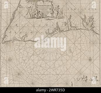 Seekarte eines Teils der Südküste Portugals und Spaniens mit der Algarve und Andalusien, neue Pass-Karte, der Küste von Reino do Algarve sowie eines Teils der Küste Andalusiens. Ausgehend von C.d.S. Vincent tot aen 't Klif (Titel auf Objekt), Seekarte eines Teils der Südküste Portugals und Spaniens mit der Algarve und Andalusien, mit zwei Kompassrosen, ist der Norden oben. Oben zentriert eine Kartusche mit dem Titel und der Adresse des Verlegers, umgeben von einem Seemann und einigen Handwerkern. Unten rechts eine Meerjungfrau und zwei Meermänner auf der Skala, auf Deutsch dargestellt Stockfoto