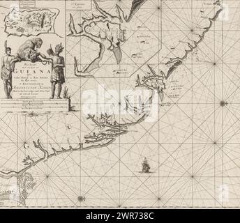 Pass-Karte der Küste von Französisch-Guyana, Pass-Karte der Meeresküsten von Guayana zwischen Cabo Nord und Rio Amano (Titel auf dem Objekt), Pass-Karte der Küste von Französisch-Guyana, mit eingelassenen Karten der Stadt Cayenne und der Festung Cayenne und zwei Kompassrosen, norden auf der rechten Seite. Oben links der Titel, die Adresse des Verlegers und die Skala in Deutsch, Spanisch und Englisch oder Französisch Meilen (Maßstab: c. 1:1.000.000) flankiert von zwei ursprünglichen Bewohnern von Französisch-Guayana und zwei gezähmten Panthers., Druckerei: Jan Luyken, Claes Jansz Voogt, Verlag: Johannes van Keulen (I), Amsterdam, 1684 - 1799 Stockfoto