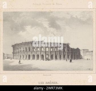 Ansicht der römischen Arena von Nîmes, Les arènes (Titel auf Objekt), römische Überreste in Nîmes (Titel der Serie), Antiquité romaine de Nîmes (Titel der Serie), Druckerei: Adolphe Mouilleron, Drucker: Petit & Bertauts, Verlag: Fabre fils, Drucker: Paris, Verlag: Nîmes, 1836 - 1841, Papier, Höhe 288 mm x Breite 419 mm, bedruckt Stockfoto