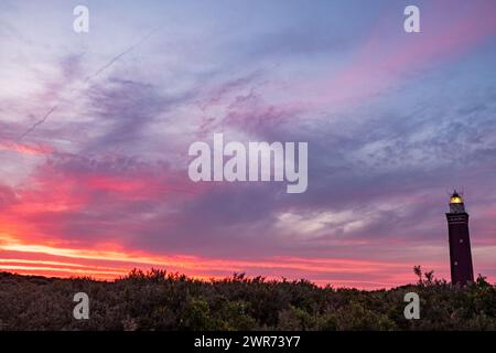 Am Ende des Tages fängt dieses Bild einen Leuchtturm ein, der über einer Landschaft aus Heidekraut steht und in den strahlenden Farben des Sonnenuntergangs getaucht ist. Der Himmel darüber ist eine Künstlerpalette, die von Wolkenfetzen durchzogen ist, die Rosa, Violett und feuriges Orange reflektieren. Das Leuchtfeuer des Leuchtturms leuchtet hell, ein unerschütterliches Symbol inmitten der sich ständig ändernden Farben des Abendhimmels. Die wilde Schönheit der Heide wird im Vordergrund subtil hervorgehoben und vervollständigt diese malerische Szene. Sonnenuntergang umarmt: Leuchtturm und Heidekraut unter einem gemalten Himmel. Hochwertige Fotos Stockfoto