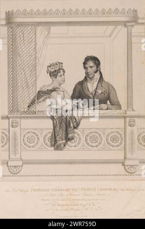 Porträt von Charlotte Augusta, Prinzessin von Wales, mit Leopold I., König der Belgier, in einer Schachtel des Covent Garden Theatre, Text in englischer Sprache am unteren Rand., Druckerei: William Thomas Fry, nach Zeichnung von: George Dawe, Verlag: George Dawe, England, 1818, Papier, Ätzen, Höhe 585 mm x Breite 416 mm, bedruckt Stockfoto