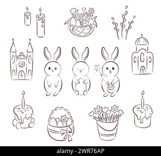 Frühjahrskollektion der Osterlinie. Umrissset mit Bunny Hase, Kirche, Kuchen. Kerze, Korb mit Blumen und Weiden. Vektorabbildung Stock Vektor