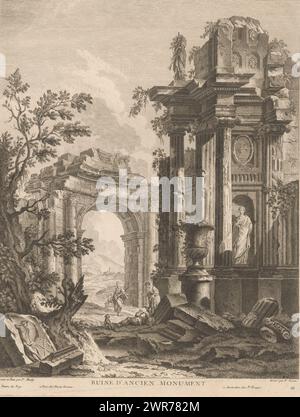 Ruine eines antiken Monuments, Ruine d'ancien Monument (Titel auf Objekt), Reise durch Italien (Titel der Serie), Druckerei: Pierre Francois Basan, nach Entwurf: Pierre Antoine Demachy, nach Malerei von: Pierre Antoine Demachy, Druckerei: Frankreich, Verlag: Paris, Verlag: Amsterdam, 1739 - 1797, Papier, Ätzen, Gravieren, Höhe 376 mm x Breite 294 mm, Druck Stockfoto