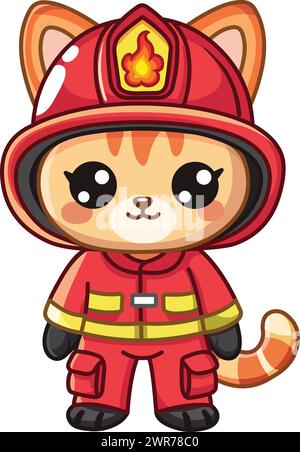 Süße Kawaii-Katze in Feuerwehruniform Stock Vektor