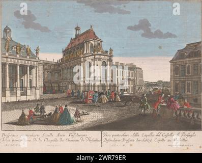 Blick auf die Kapelle von Schloss Versailles, Vue private de la chapelle du chateau de Versailles (Titel auf Objekt), Verlag: Georg Balthasar Probst, Druckerei: Johann Friedrich Leizelt, Jozef II. (Deutscher Kaiser), Augsburg, 1755 - 1779, Papier, Radierung, Pinsel, Höhe 318 mm x Breite 438 mm, bedruckt Stockfoto