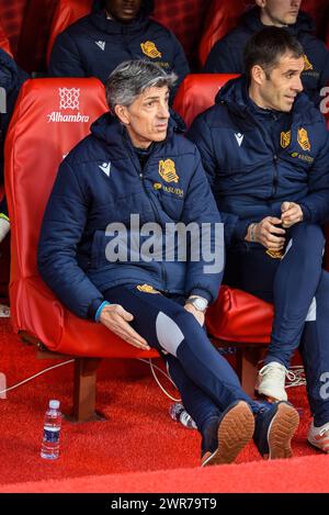 Granada, Spanien. März 2024. Imanol Agualcil Trainer von Real Sociedad während des Liga-Spiels zwischen Granada CF und Real Sociedad am 9. März 2024 im Nuevo Los Cármenes Stadion in Granada, Spanien. (Foto: José M Baldomero/Pacific Press/SIPA USA) Credit: SIPA USA/Alamy Live News Stockfoto