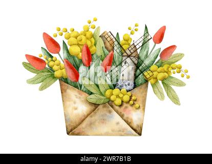 Handgezeichneter Aquarellumschlag mit Tulpen und Mimosa. Komposition für Deko- und Designplakate, Postkarten, Banner Stockfoto